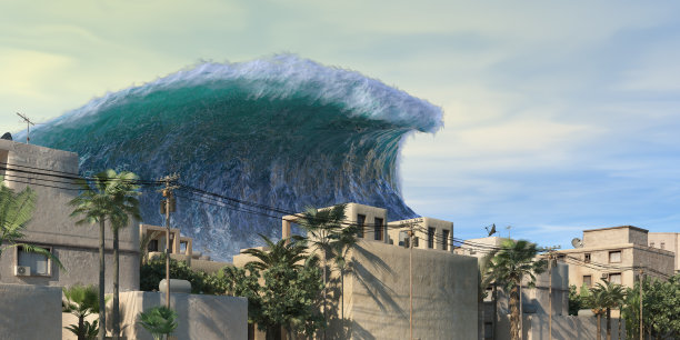 海啸波浪启示水景城市洪水风暴。3D插图图片下载