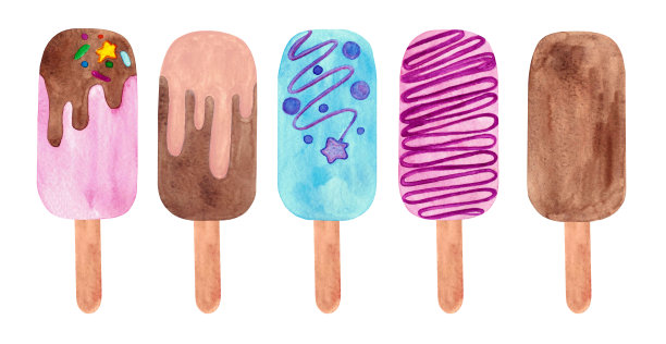 套彩色冰淇淋在木棒，巧克力和水果爱斯基摩，冰淇淋孤立，手绘水彩插图在白色图片下载