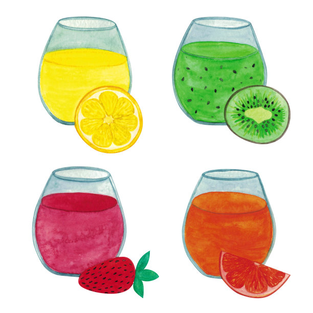 一套美味的新鲜压榨果汁。水彩手绘插图，孤立在白色背景图片下载