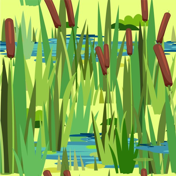 带水库的景观。无缝模式。植物，草，芦苇和香蒲。小沼泽、池塘、湖或水坑。Miltic设计平直风格。说明向量图片下载