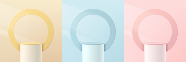一套抽象的3D黄色，粉红色，蓝色和粉红色圆筒基座裙与圆形背景。粉彩最小的墙壁场景收集。面向产品展示展示的现代矢量渲染平台。图片下载