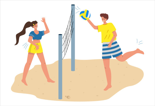 一男一女在沙滩上打排球。沙滩排球，沙滩运动。平面向量插图图片下载
