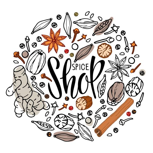 香料店的标志。圆形框架涂鸦轮廓向量香料和字母，。风味烹饪原料。用于农贸市场，商业，农场设计，当地商店包装标签，海报，贴纸。图片下载