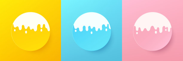 一套抽象的亮黄色，蓝色和粉红色粉彩圆形框架与白色熔融液设计的化妆品。最小几何背景与复制空间的集合。顶视图的场景。图片下载