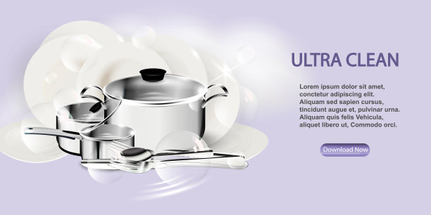 现实堆叠的盘子和刀叉与钢锅。洗碗，洗碗机安全。超干净的洗盘子，叉子，勺子，锅，锅图片下载