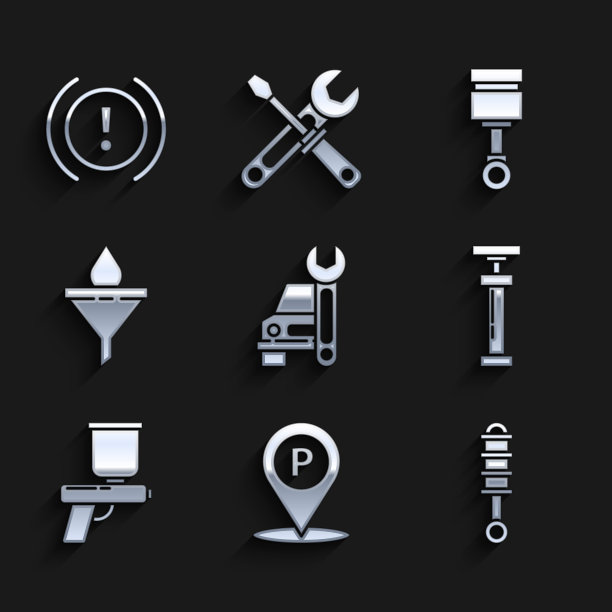 设置汽车服务，定位与停车，减震器，喷漆枪，漏斗过滤器和马达油滴，发动机活塞和刹车系统警告图标。向量图片下载