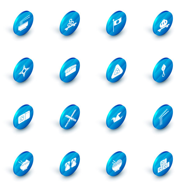 设置寿司在砧板上，日本国旗杆，饺子，日本忍者飞镖，图标。向量图片下载