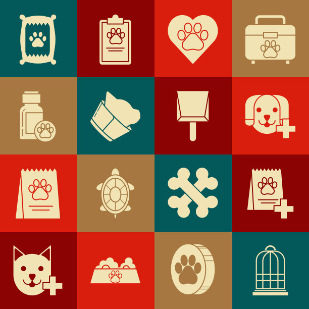 Set Cage for birds, Bag of food dog, Veterinary clinic symbol, Heart with animals footprint, dog medicine bottle, and畚箕icon。向量图片下载