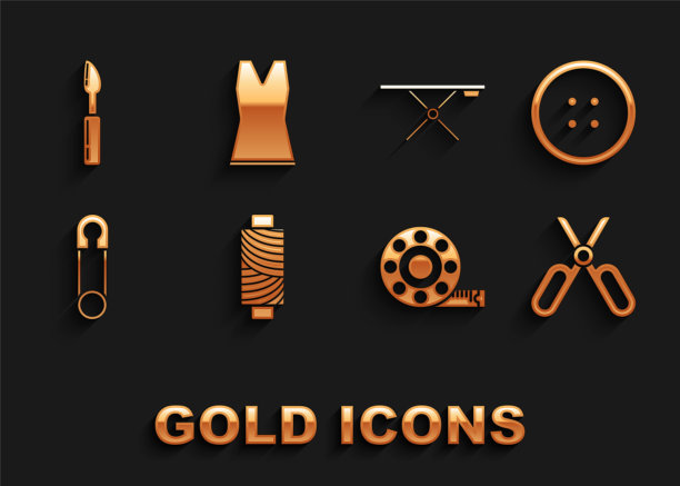 设置缝纫线在线轴，钮扣的衣服，剪刀，卷尺，经典封闭钢安全别针，熨衣板，刀具和妇女服装图标。向量图片下载