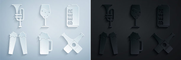 啤酒，啤酒罐，交叉瓶，乐器喇叭图标。向量图片下载