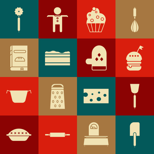 设置刮刀，汉堡，纸杯蛋糕，布朗尼巧克力，烹饪书，披萨刀和烤箱手套图标。向量图片下载