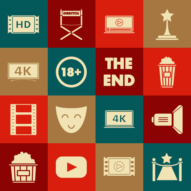 设置有障碍和明星的地毯，电影聚光灯，爆米花在纸盒，在线播放视频，18岁以下，，4k电影，磁带，框架和末日手写题词图标。向量图片下载