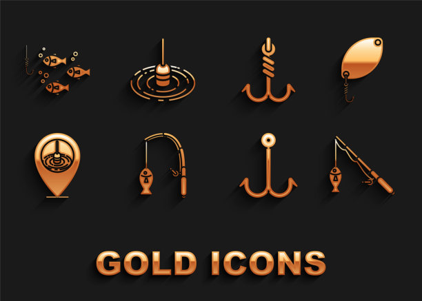 设置钓竿和鱼，勺子，钩，位置钓鱼，水下带和浮动图标。向量图片下载