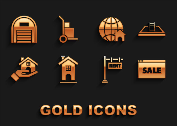 设置家庭符号，游泳池与梯子，挂的标志文本在线销售，租赁，房地产经纪人，地球房子，仓库和手卡车和盒子图标。向量图片下载