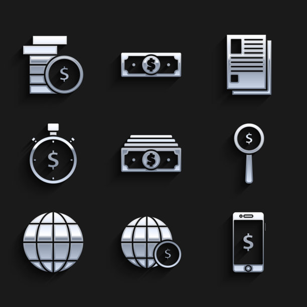 叠纸币现金，地球地球与美元符号，智能手机，放大镜和，时间是，文件文件和硬币图标。向量图片下载