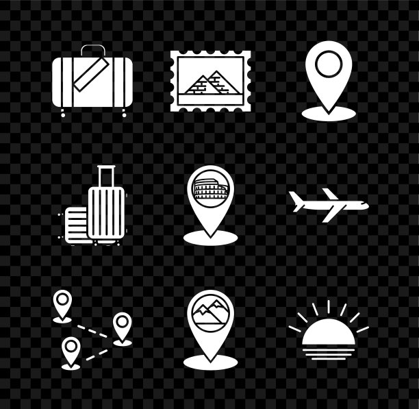 设置旅行箱的旅行和贴纸，邮政邮票埃及金字塔，地图大头针，路线位置，指针与山，日落，和罗马竞技场，意大利的图标。向量图片下载