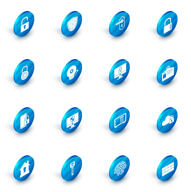 配备网络安全砖墙防护罩，门把手，安全组合锁，方向盘，智能手机关闭挂锁，铃声报警，识别徽章和锁定电脑显示器屏幕图标。向量图片下载