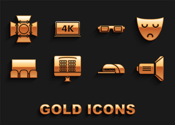 集网上购买电影票，戏剧剧场面具，电影聚光灯，印有导演字样的Cap, 3D眼镜，笔记本屏幕4k视频技术图标。向量图片下载