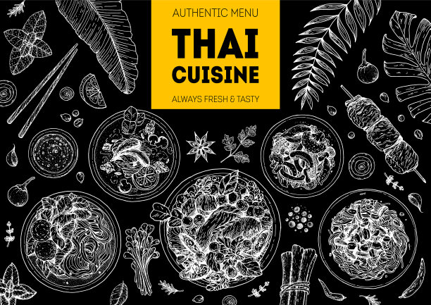 泰国食物顶部视图矢量插图。食品菜单设计模板。手绘草图。泰国菜菜单。复古风格。泰式面汤，青木塔，咖喱鸡，椰菜图片下载