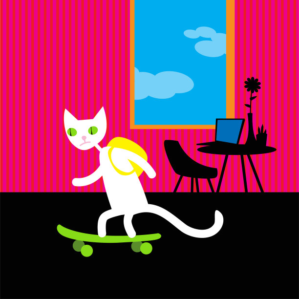 滑板上的白猫回家了图片下载