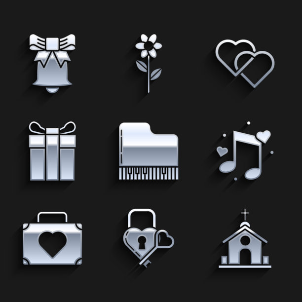 集大钢琴，心钥匙形状城堡，教堂建筑，音乐音符，心的音调，旅行手提箱，礼盒，两颗相连的心和铃声图标。向量图片下载