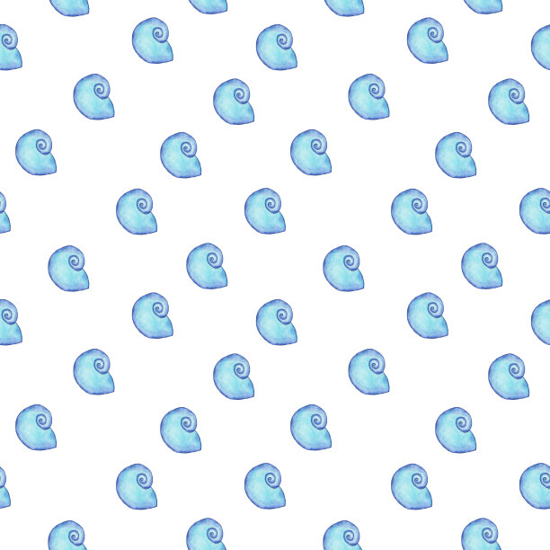 可爱的蓝色贝壳无缝模式在白色的背景。水彩手绘插图。完美的海洋纺织品，数码纸，壁纸。重复贝壳的纹理。图片下载