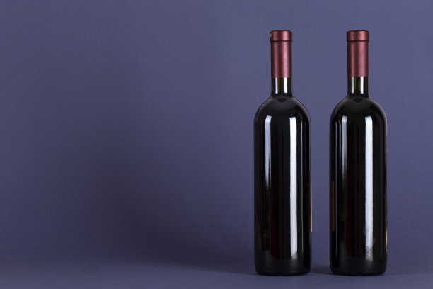 在淡紫色的背景下，两瓶塞着瓶塞的红酒。为文本留出空间。图片下载