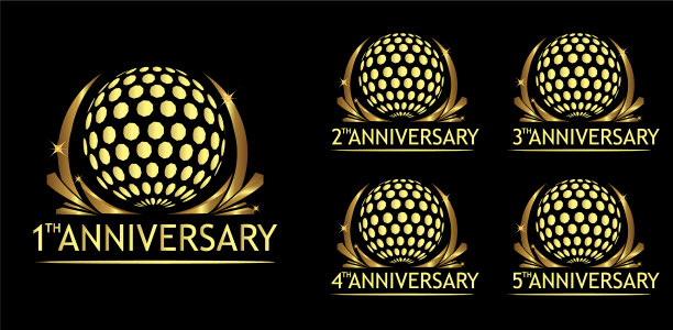 周年高尔夫标志集金色孤立图标图片下载