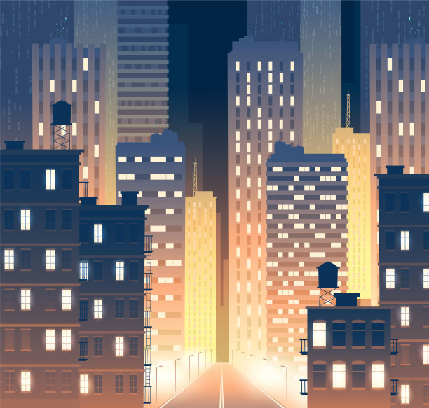 夜晚的大街上有高楼大厦图片下载