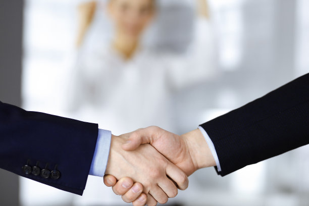 商务人士在会议或谈判中握手。一群不知名的商人和一个女人站在现代化的办公室里。团队合作，伙伴关系和握手的概念图片下载