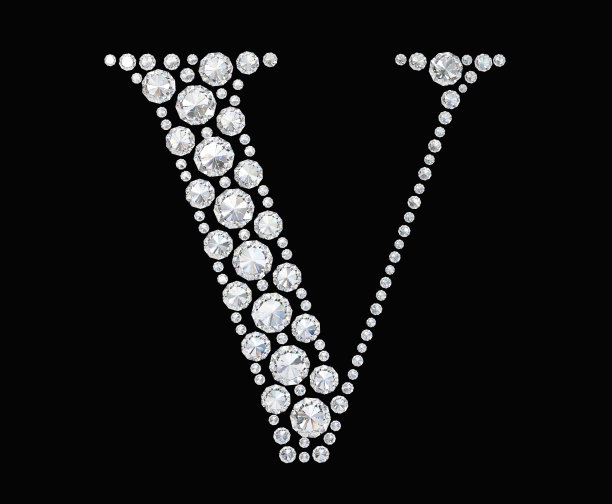 字母“V”与钻石分离在黑色背景上。钻石的字体。图片下载