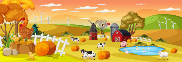 农场横向景观场景与农场动物图片下载