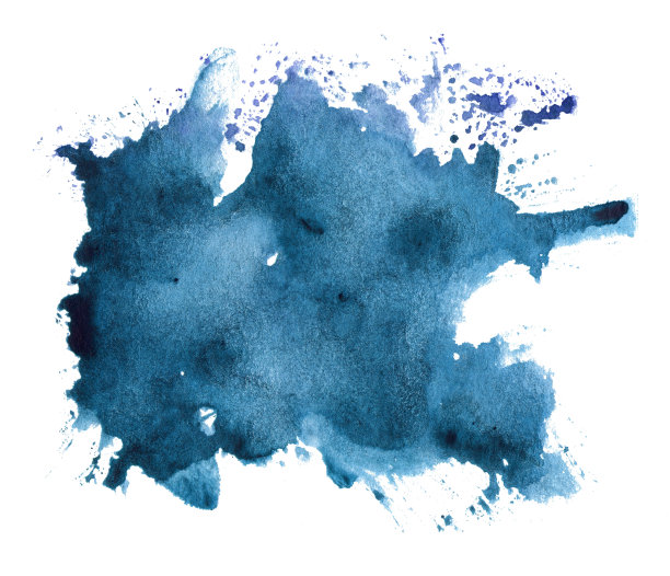 抽象蓝色水彩飞溅孤立在白色背景。手绘水彩斑点的标志或文字图片下载