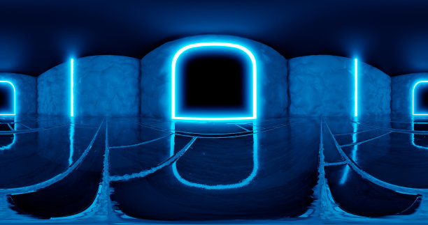 3 d渲染。360度HDRI卡。一个有柔软安全的墙壁和蓝色霓虹灯的房间。实验室或网关。图片下载