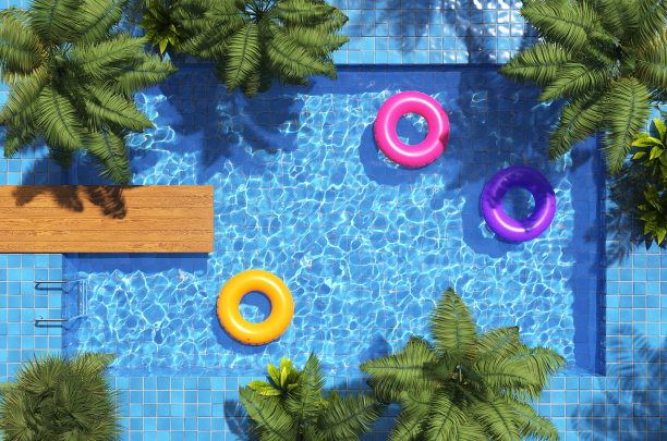 美丽的游泳池，棕榈树。泳池派对，夏日背景。俯视图图片下载