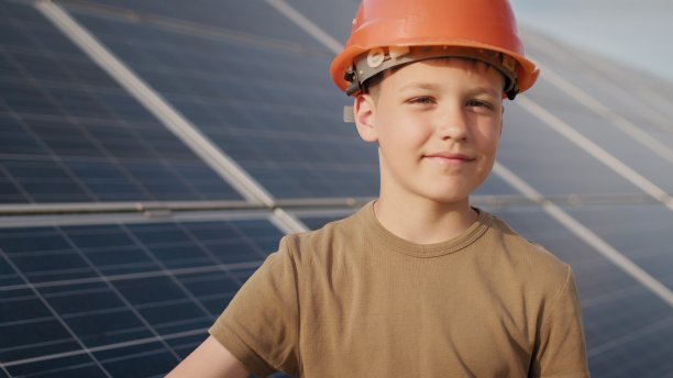 一个戴着防护头盔的小男孩在一家太阳能发电厂。儿童与绿色能量学的概念。儿童对清洁能源的支持。向太阳能发电厂拍摄。生态农场。太阳能发电站图片下载