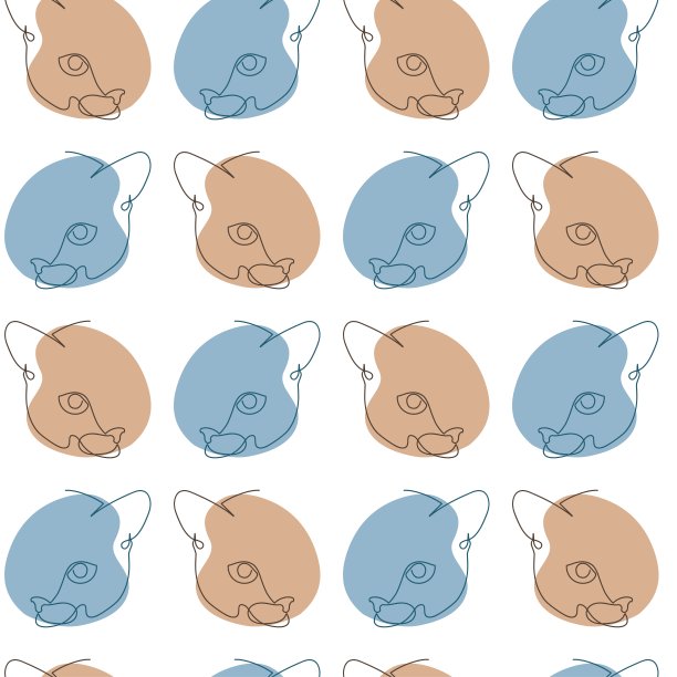 在白色背景上的蓝色和米色抽象点的背景上用实线画出猫口吻的一半的几何无缝图案图片下载