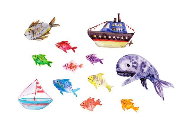 手绘水彩画海洋水下动物集。孩子们画鲸鱼，鱼，波浪，大海和沙子的纹理图片下载