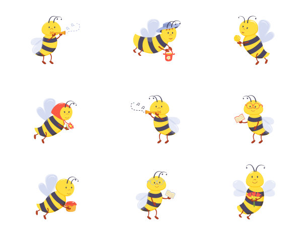 一组可爱的蜜蜂，以卡通风格画脸，阅读，玩耍，工作。图片下载