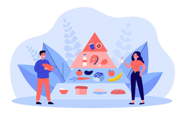 卡通人物站在食物金字塔附近图片下载