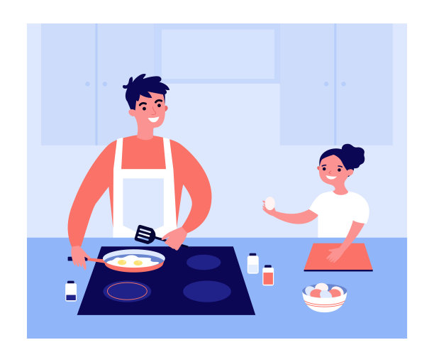 快乐的卡通爸爸和女儿一起煎鸡蛋图片下载