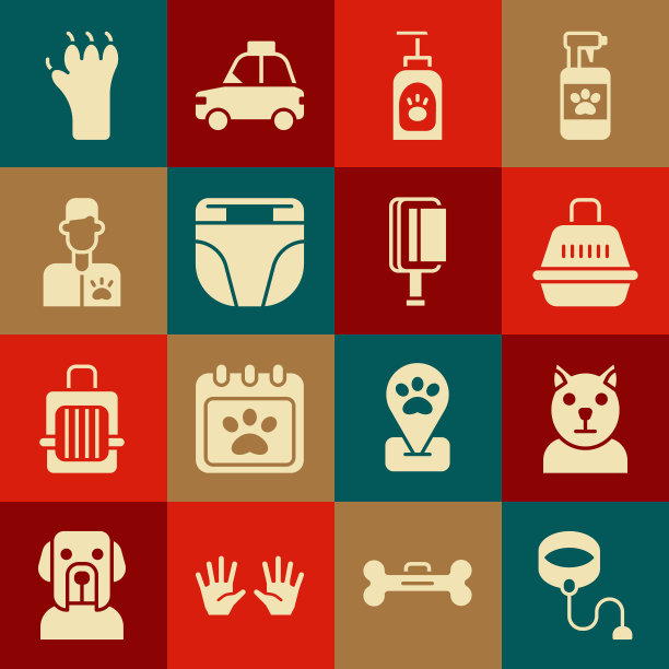 设置可伸缩绳皮带，猫，宠物手提箱，洗发水，狗尿布，兽医医生，爪印和头发刷和猫图标。向量图片下载