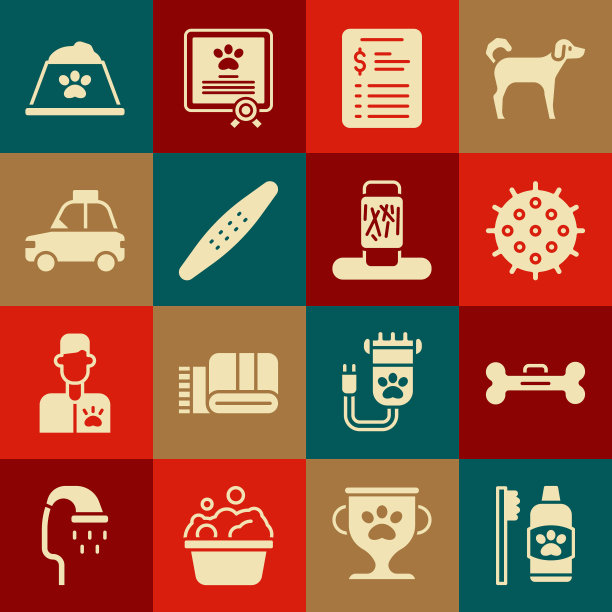 为宠物设置牙科卫生，狗骨头，网球，美容沙龙价格清单，指甲锉刀，宠物车出租车，食物碗和猫抓挠张贴图标。向量图片下载