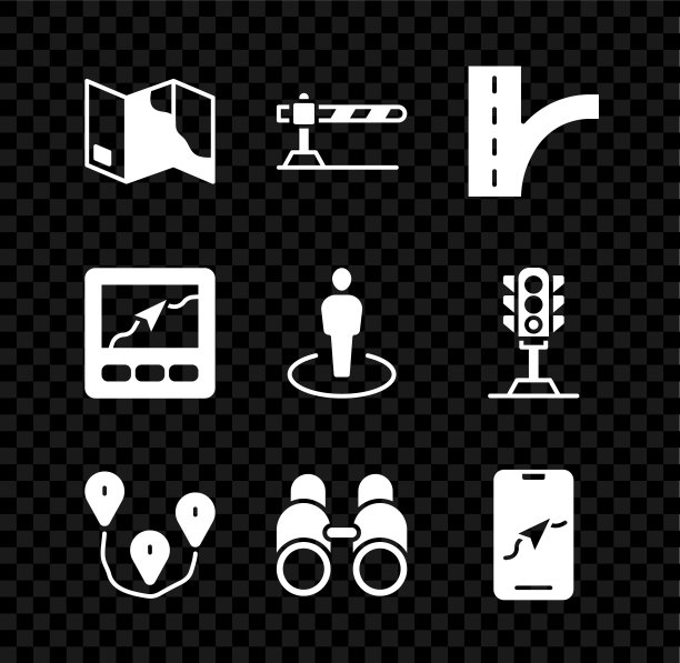 设置折叠地图，停车汽车屏障，道路交通标志，路线定位，望远镜，城市导航，Gps设备和定位人图标。向量图片下载