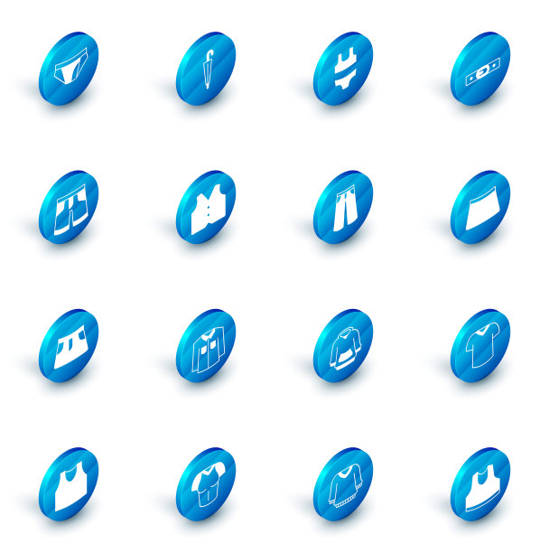 设置伞，泳衣，腰带，短裤或裤子，裙子，背心，裤子图标。向量图片下载