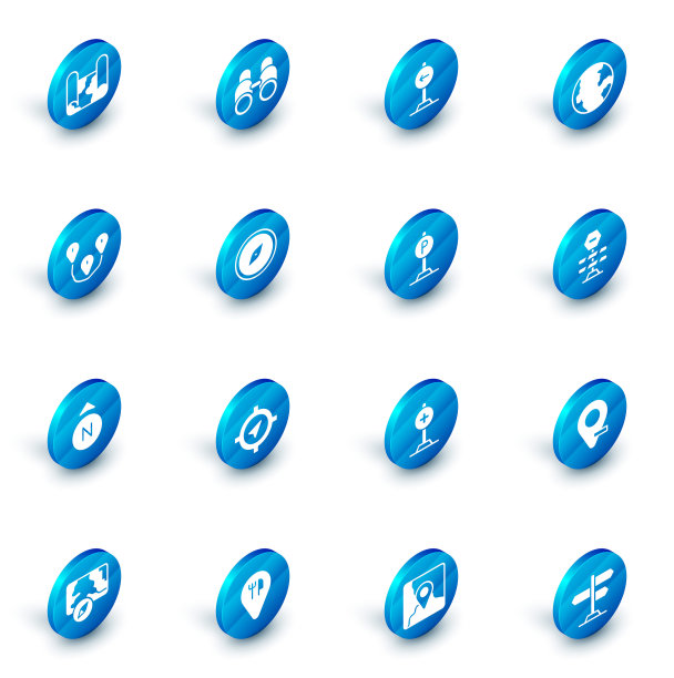 设置双筒望远镜，交通标志左转，地球仪，路线位置，指南针，道路障碍和停车图标。向量图片下载