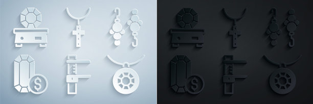 设置卡尺或卡尺和刻度，耳环，珠宝网上购物，吊坠项链，基督教十字链和宝石石图标。向量图片下载