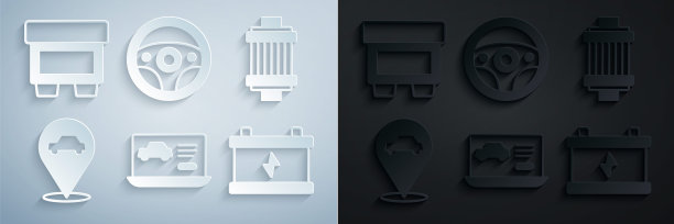 设置汽车诊断条件，汽车空气过滤器，位置与服务，电池，方向盘和保险丝图标。向量图片下载