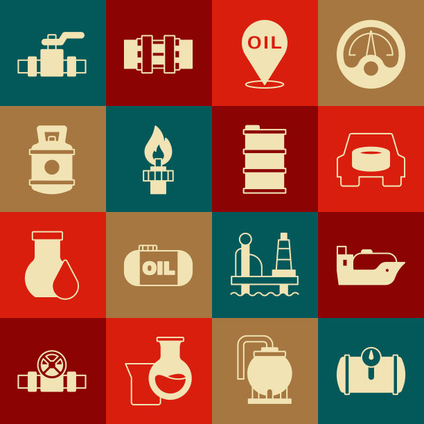 设置车用储气罐、油船、车内备用轮、加油位置、火具、丙烷气、金属管及阀门、桶油图标。向量图片下载