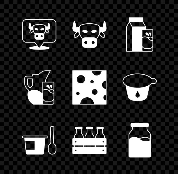 设置牛头，纸包装的开菲尔，酸奶容器与勺子，瓶装牛奶木盒，牛奶壶和玻璃和奶酪图标。向量图片下载